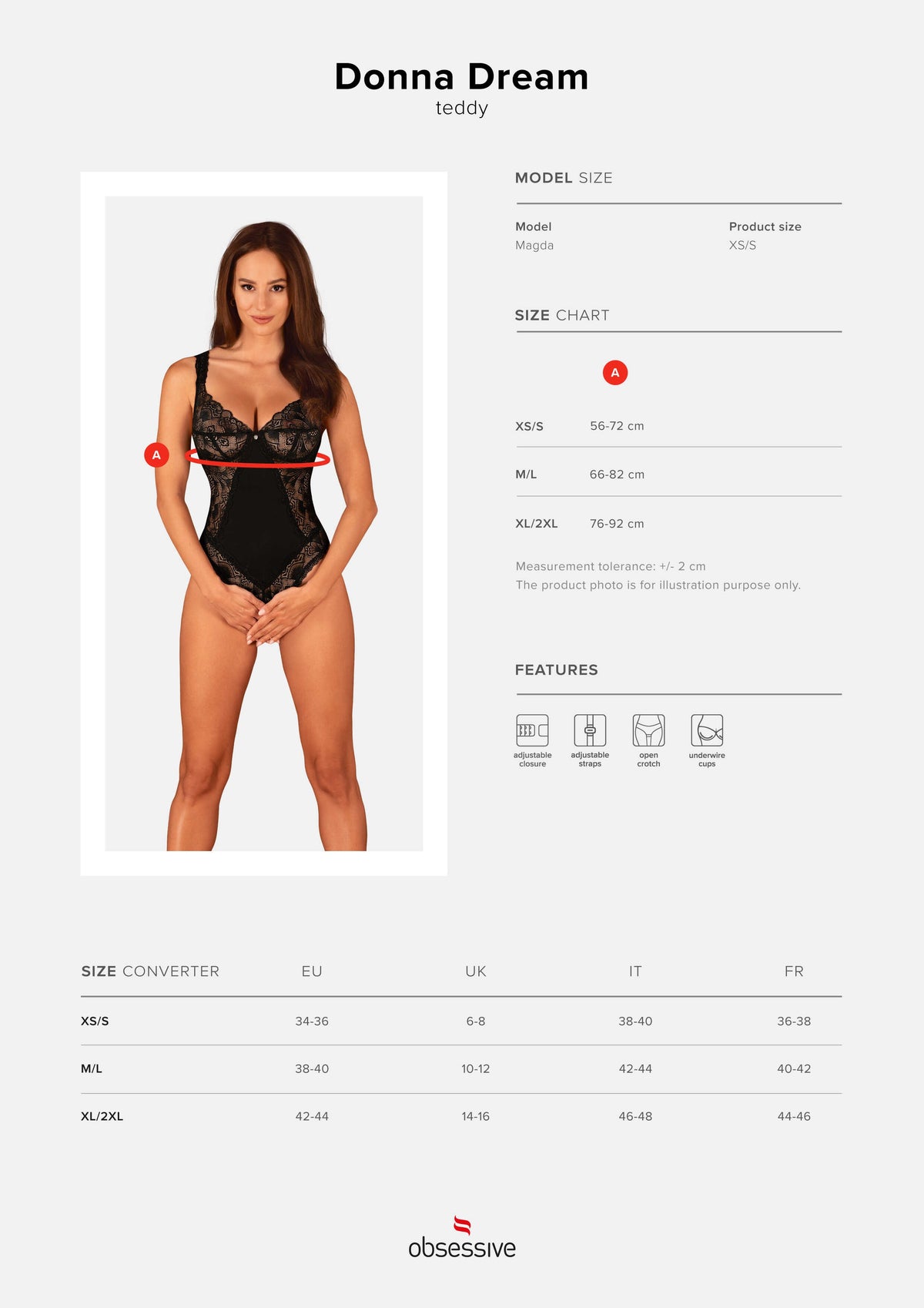 The Donna Dream black lace crotchless teddy, shown in an alternate image