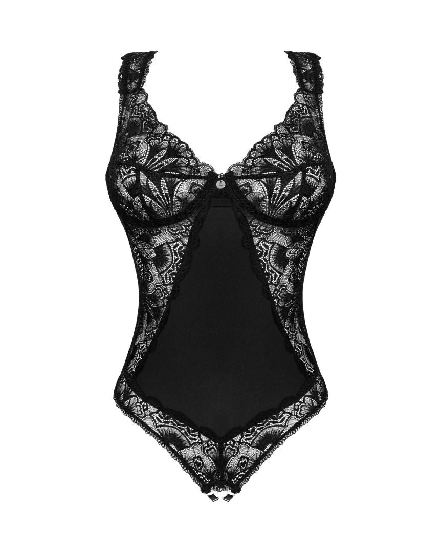 The Donna Dream black lace crotchless teddy, seen from a different angle