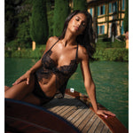 Black eyelash lace camisole and shorts set with a plunge neckline and split front