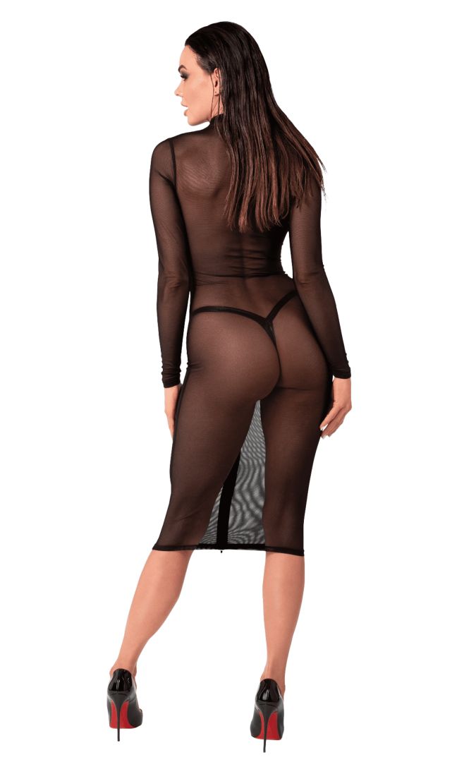 An additional view of the Ecstasy black transparent mesh midi dress