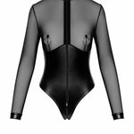 The Edge black wetlook and mesh bodysuit with a collar-to-crotch zipper