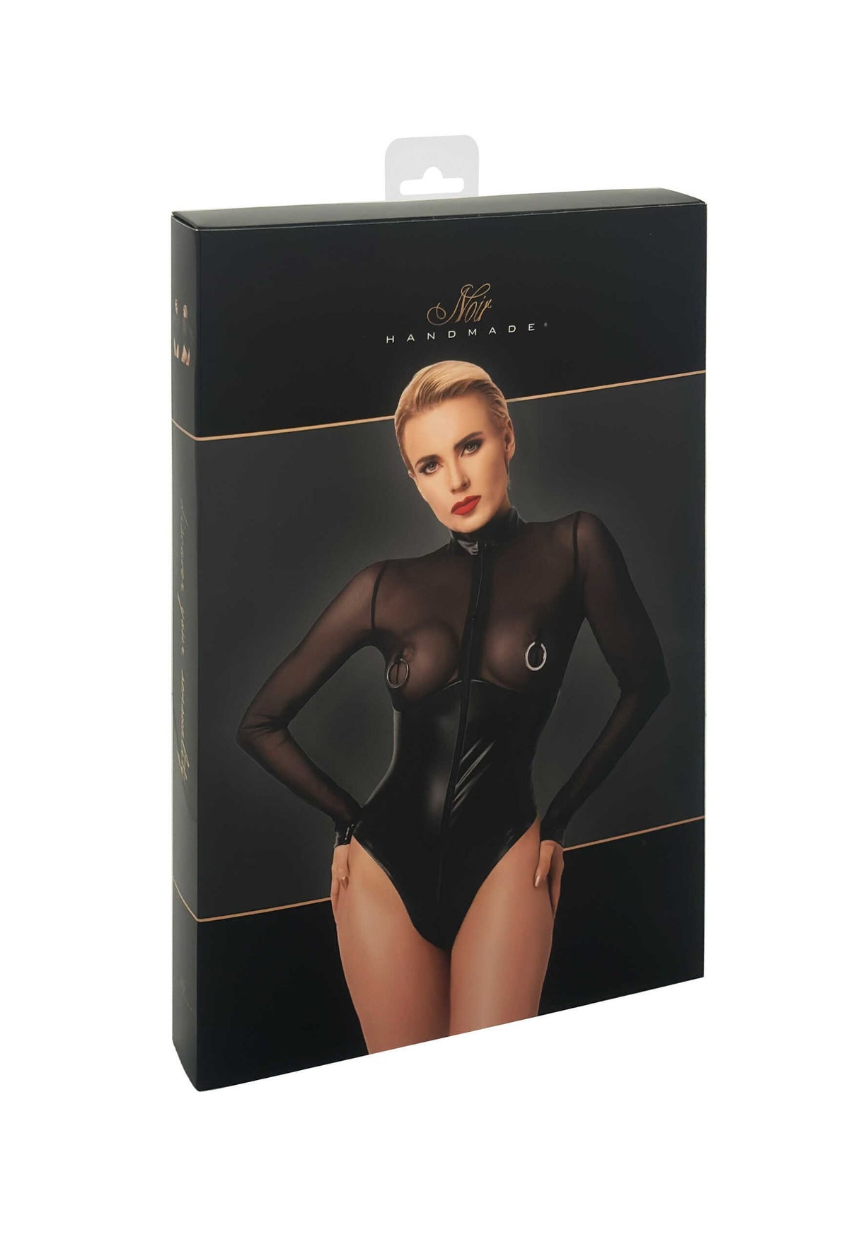 The Edge black wetlook and mesh bodysuit, seen from a different angle