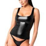 An alternate view of the Elixir black wetlook tank top, with a scoop neckline