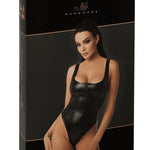 The Elysium black wetlook bodysuit, shown in an alternate image