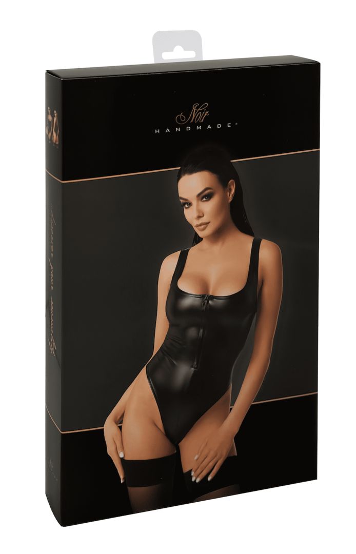 The Elysium black wetlook bodysuit, shown in an alternate image