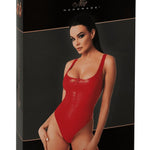 The Elysium red wetlook bodysuit, shown in an alternate image