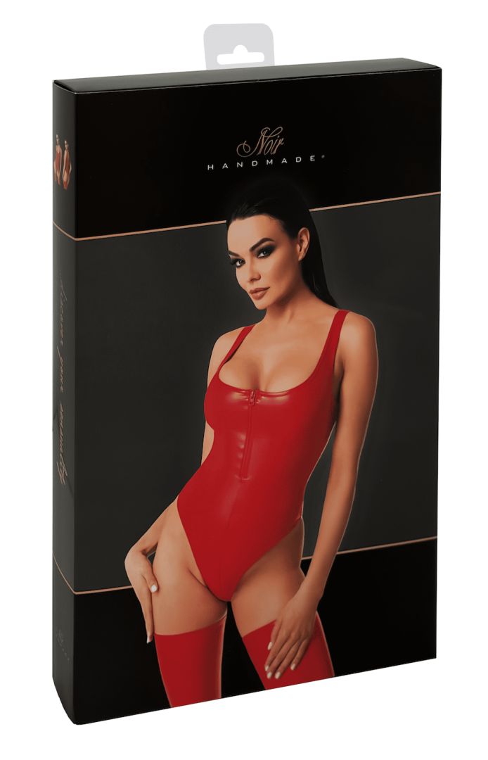 The Elysium red wetlook bodysuit, shown in an alternate image
