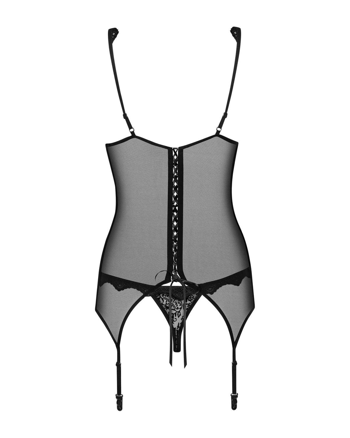 The Emperita black floral corset, featuring a velvet-applique thong