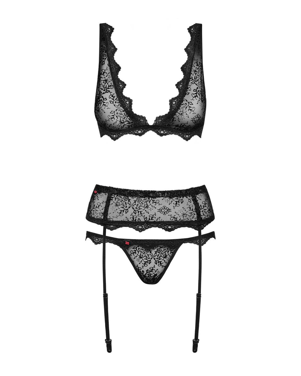 An additional view of the Emperita black lace garter set
