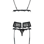 The Emperita black lace garter set, featuring a velvet-flower motif thong