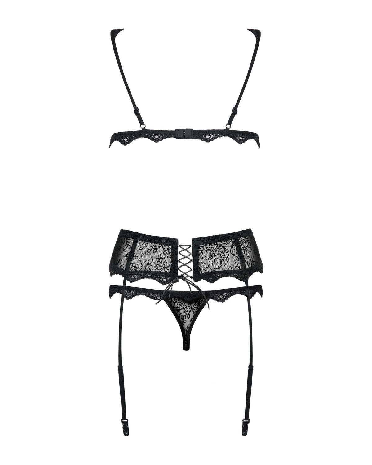 The Emperita black lace garter set, featuring a velvet-flower motif thong