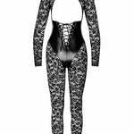 An additional view of the Enigma black lace catsuit