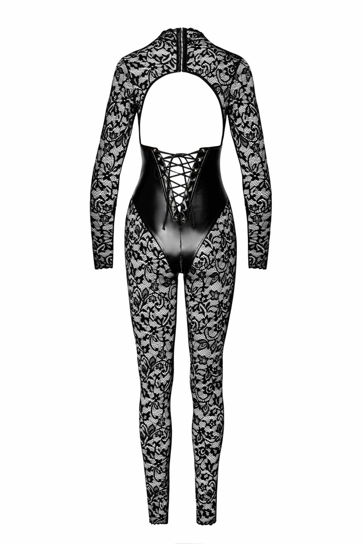 An additional view of the Enigma black lace catsuit