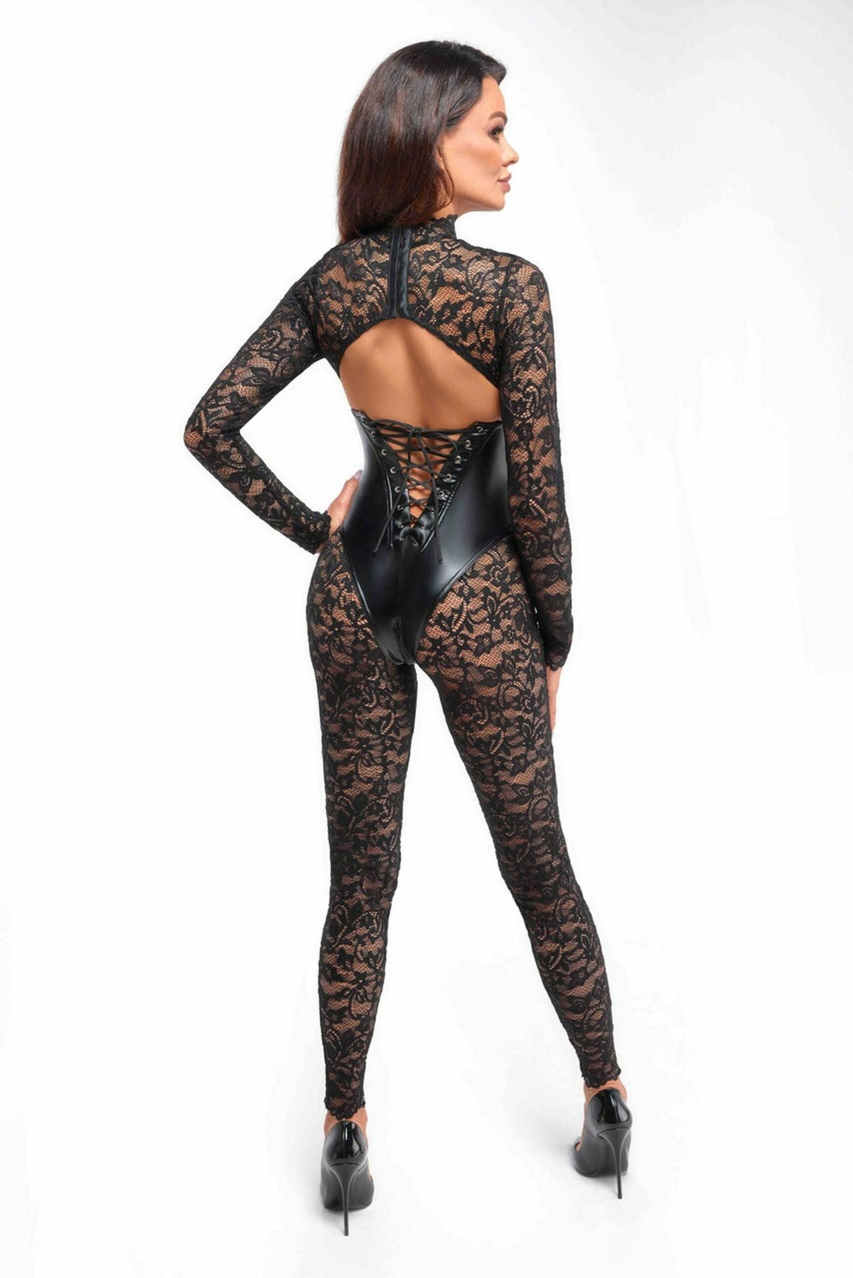 An alternate view of the Enigma black lace catsuit, with long elastic lace sleeves