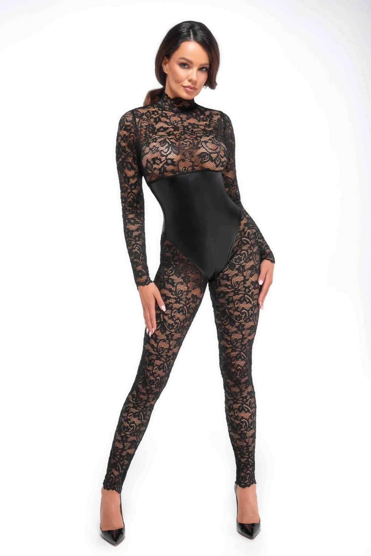 The Enigma black lace catsuit seen from another angle