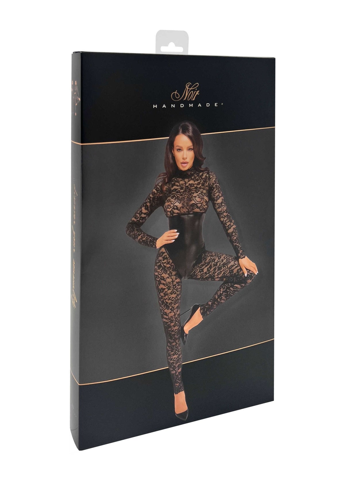 The Enigma black lace catsuit with a crotch zipper