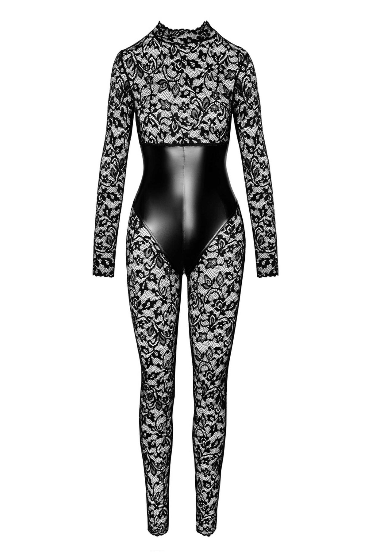 The Enigma black lace catsuit, featuring a high neck