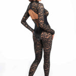 The Enigma black lace catsuit with lacing at the lower back