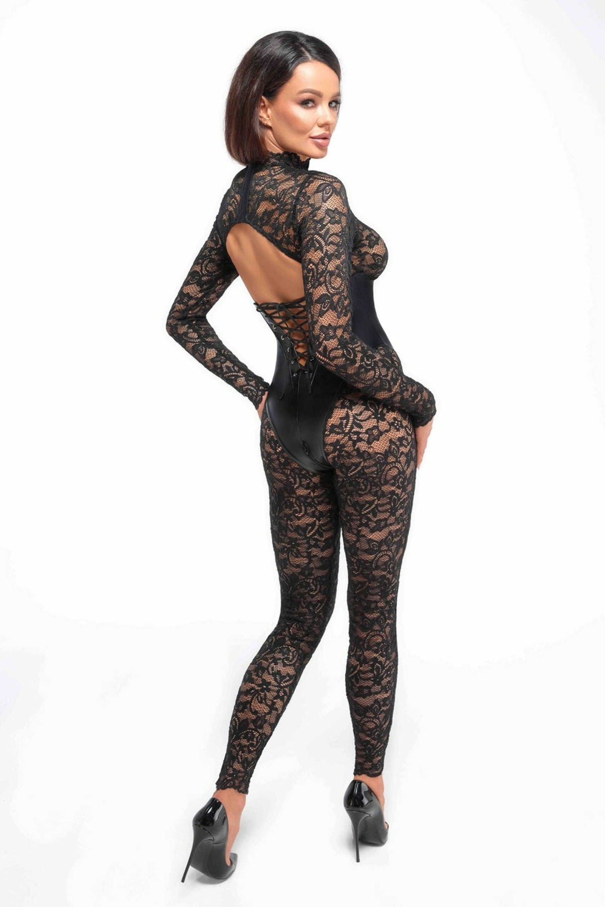 The Enigma black lace catsuit with lacing at the lower back