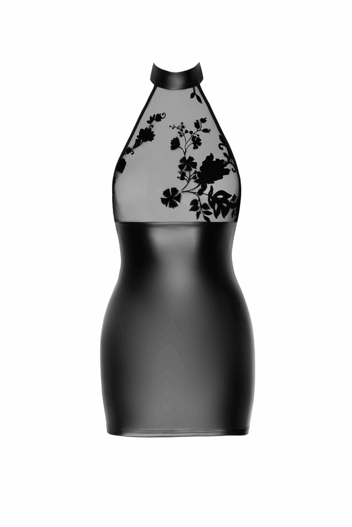 The Eros black flocked mesh and wetlook dress seen from another angle