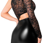 The Erotica black lace and wetlook midi dress seen from another angle
