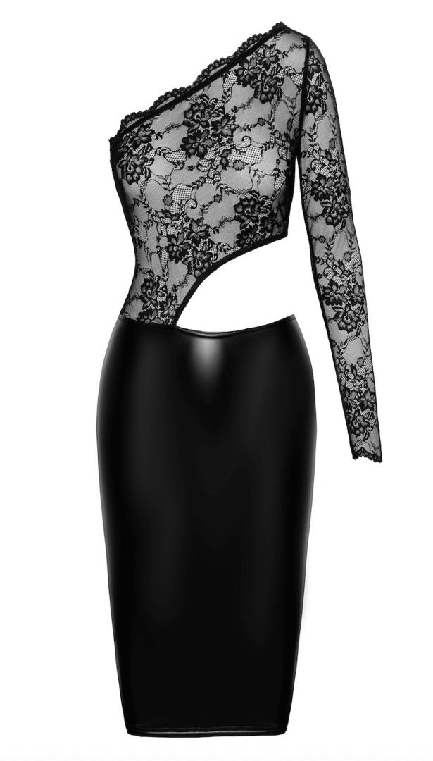 The Erotica black lace and wetlook midi dress, seen from a different angle