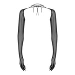 An alternate view of the Euphori black long gloves, with a tie at the shoulders or neck