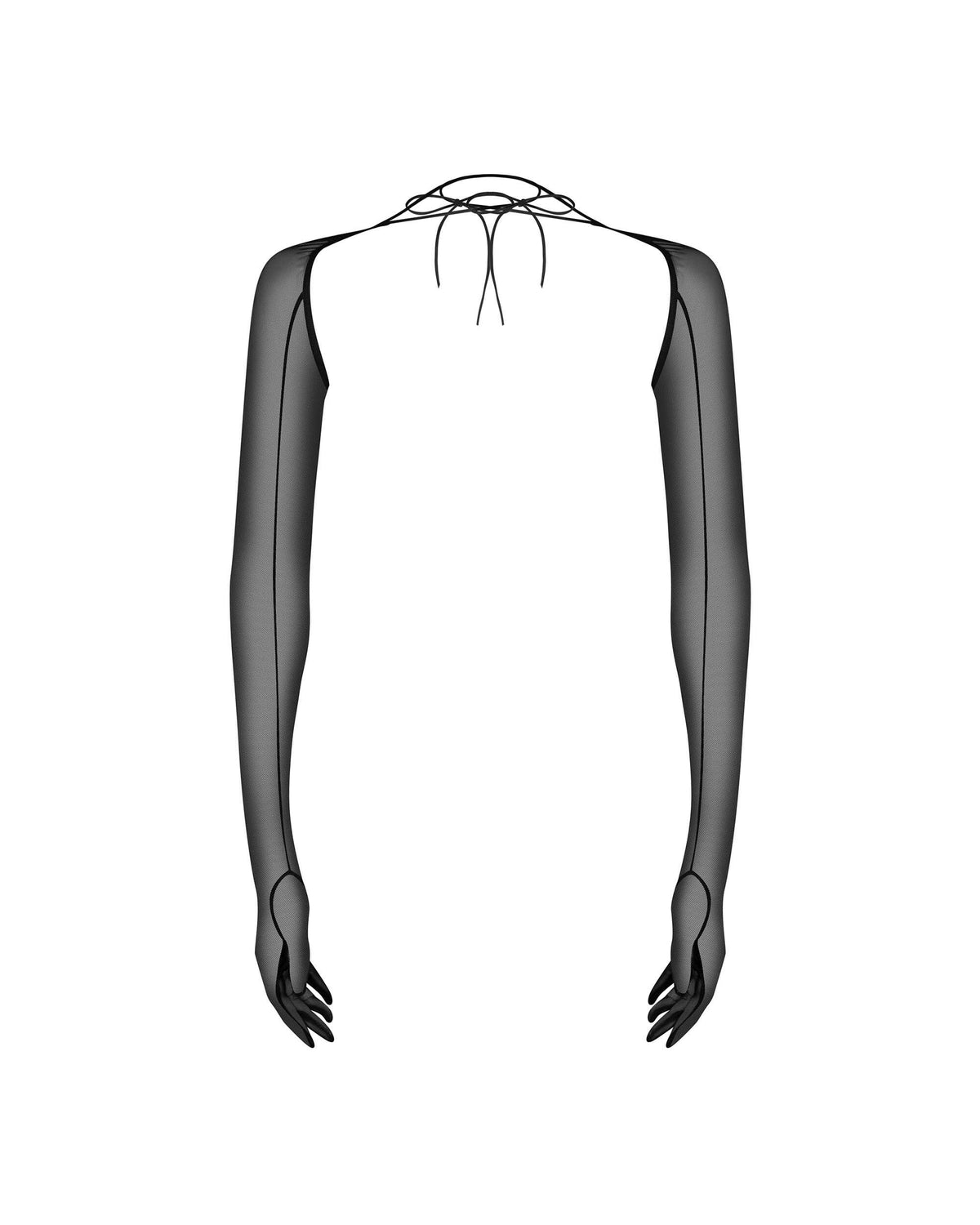 An alternate view of the Euphori black long gloves, with a tie at the shoulders or neck