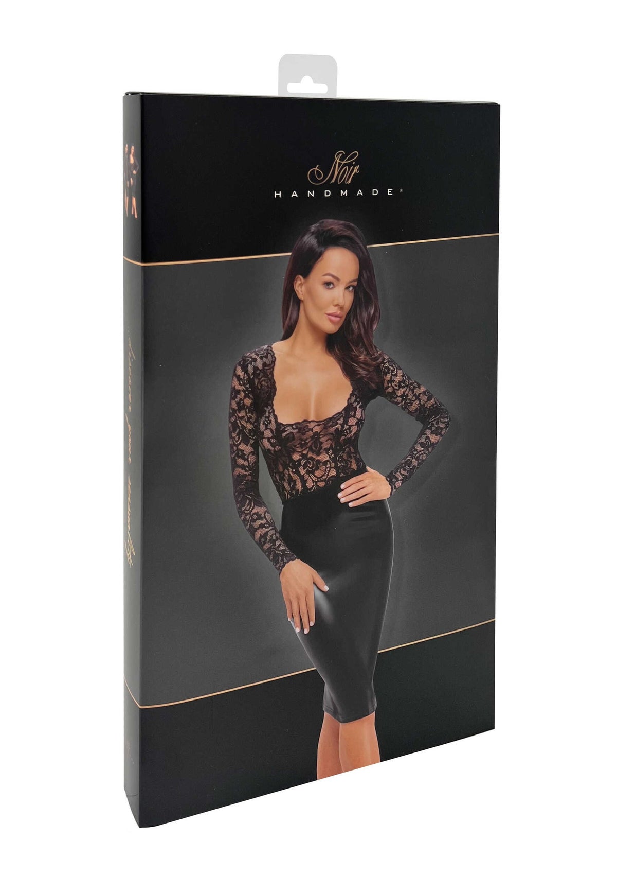 An additional view of the Euphoria black lace and wetlook midi dress