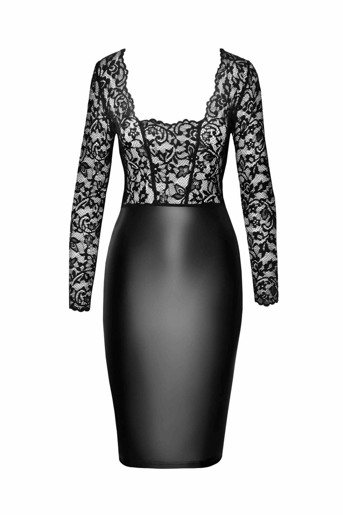The Euphoria black lace and wetlook midi dress seen from another angle
