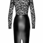 The Euphoria black lace and wetlook midi dress, featuring a semi-transparent elastic lace top