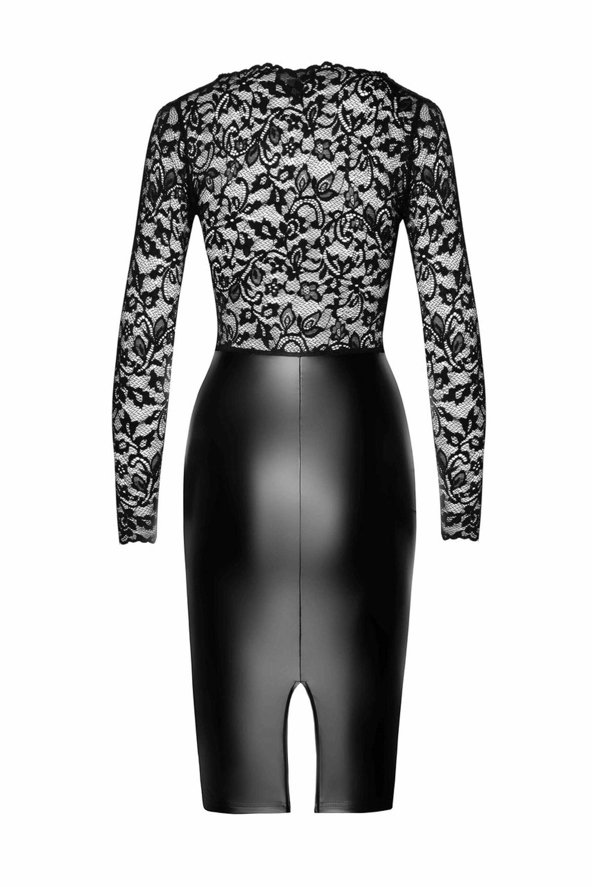 The Euphoria black lace and wetlook midi dress, featuring a semi-transparent elastic lace top