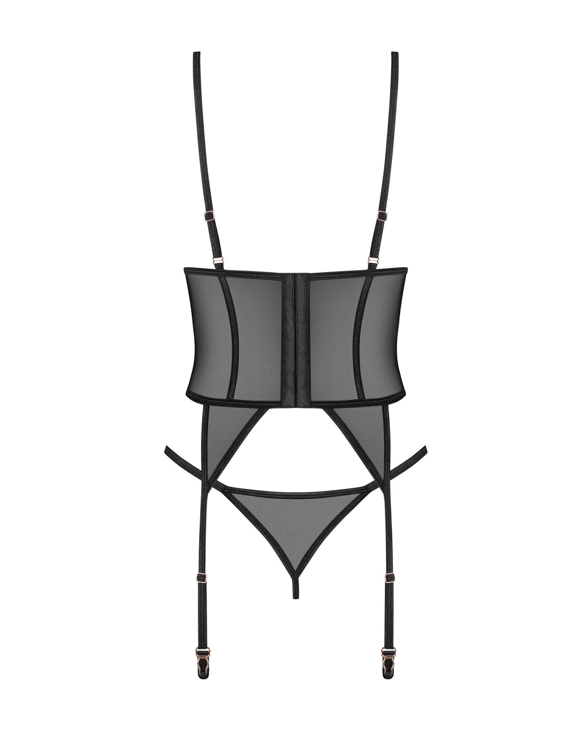 Euridia black mesh corset and thong with rose-gold hardware