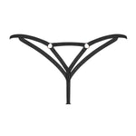 Euridia black mesh thong with crisscross straps and a centerpiece