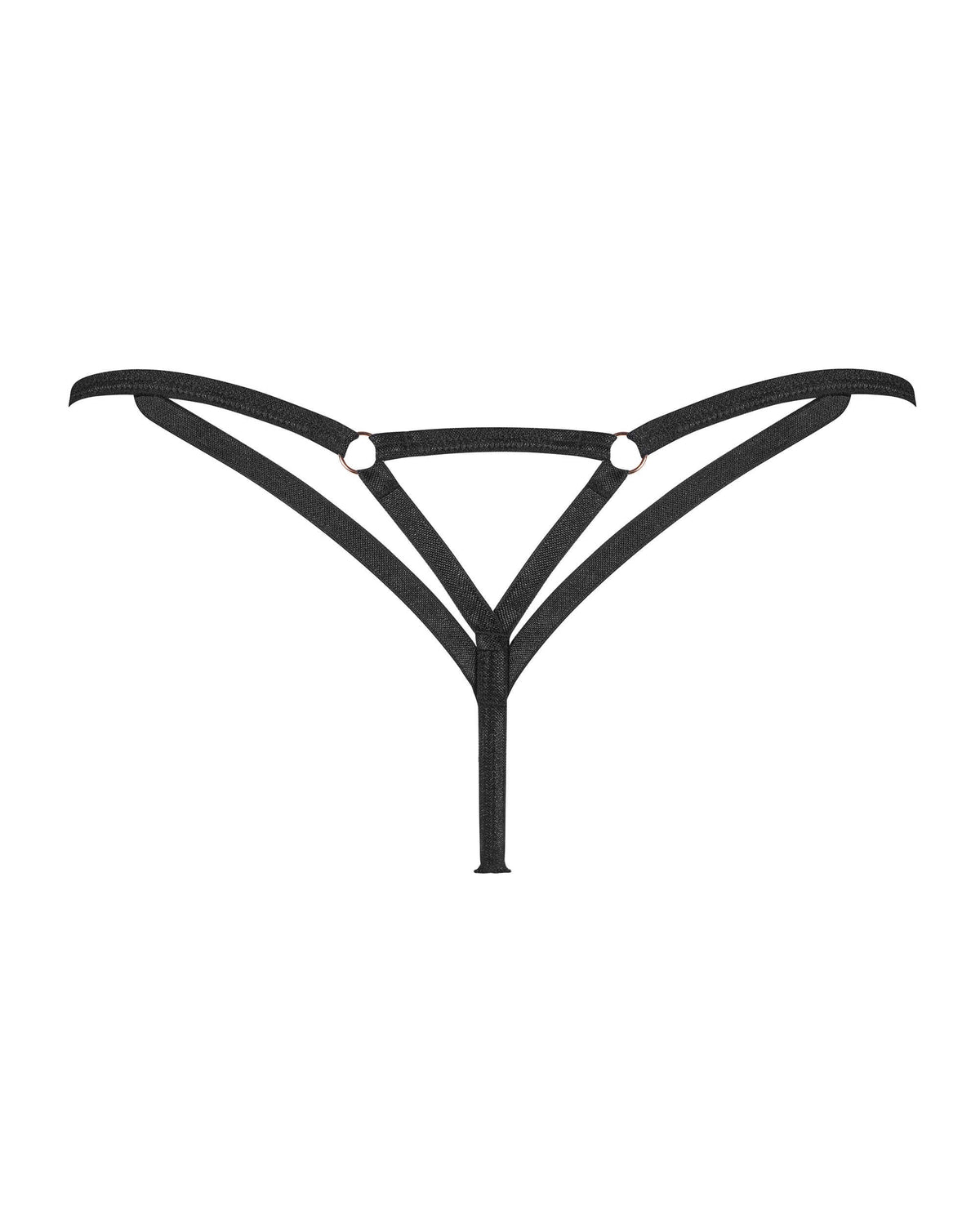 Euridia black mesh thong with crisscross straps and a centerpiece