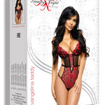 The Evangelina black and red embroidered tulle teddy, featuring adjustable straps and a back hook closure