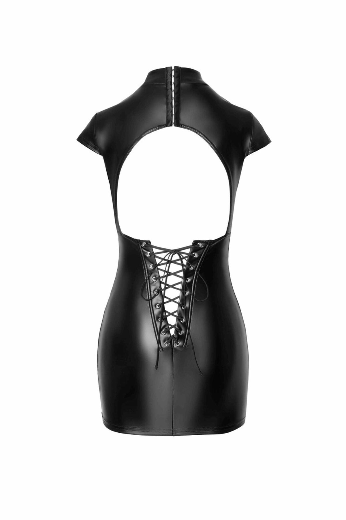 An additional view of the Fantasy black wetlook mini dress