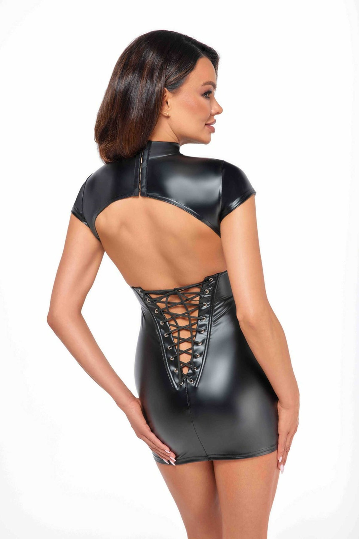 The Fantasy black wetlook mini dress with an exposed, laced upper back