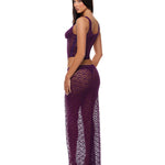 Purple textured lace bustier set with a side slit ruched maxi skirt