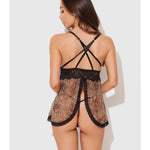 Leopard mesh and lace babydoll with a flyaway open-back skirt and crisscross straps