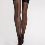 Femme Fatale black 20 denier hold-up stockings with a striped lace motif