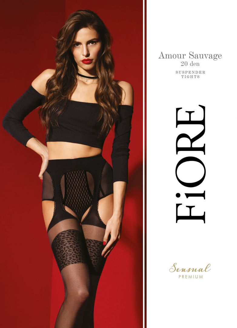 Amour Sauvage black 20 denier animal print tights with garter stocking effect by Fiore
