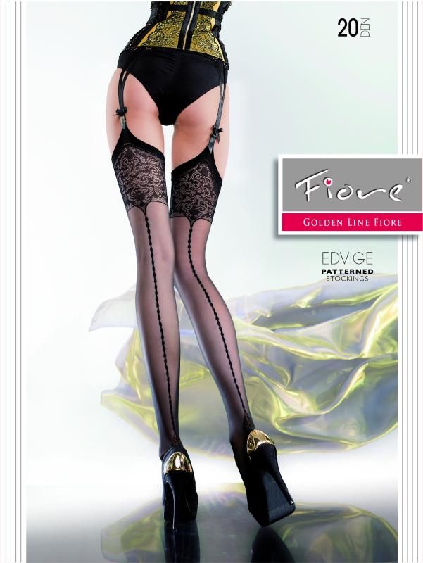 Edvige black and red opaque stockings with red trim and lace accents by Fiore