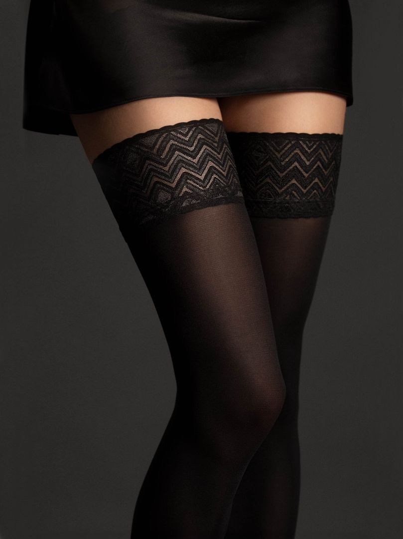 Ester black 60 denier microfiber hold-up stockings with lace top by Fiore