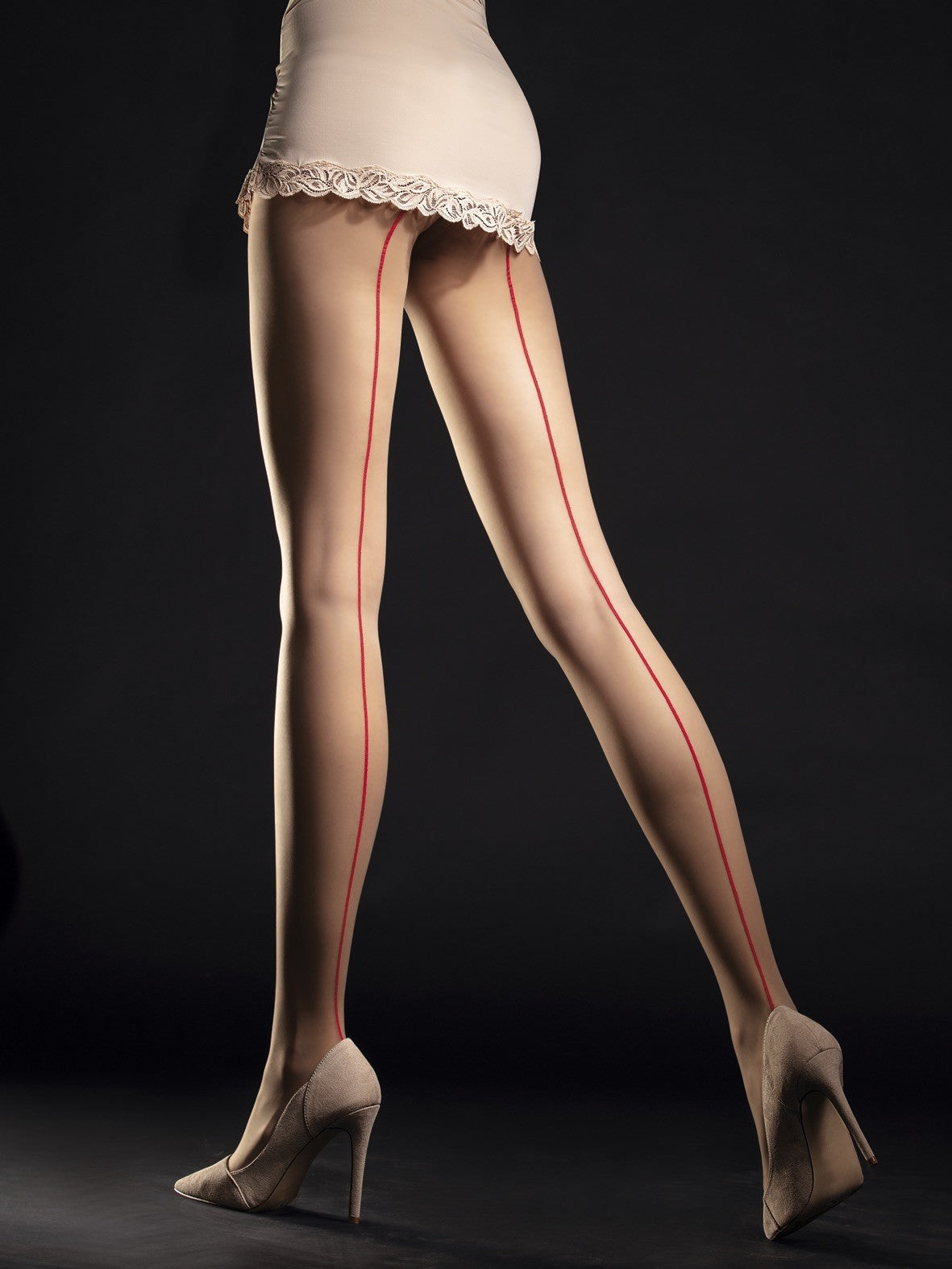 Unique nude and red 20 denier matte tights with red back seam by Fiore