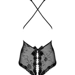 An additional view of the Fiorenta black floral crotchless teddy