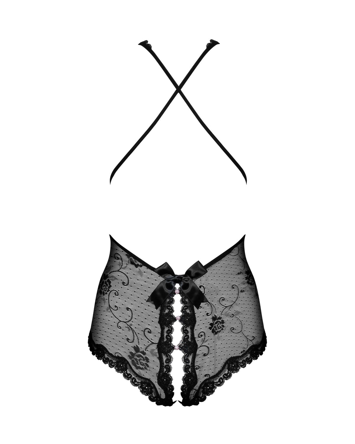 An additional view of the Fiorenta black floral crotchless teddy