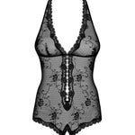 The Fiorenta black floral crotchless teddy, featuring a bow above the buttocks