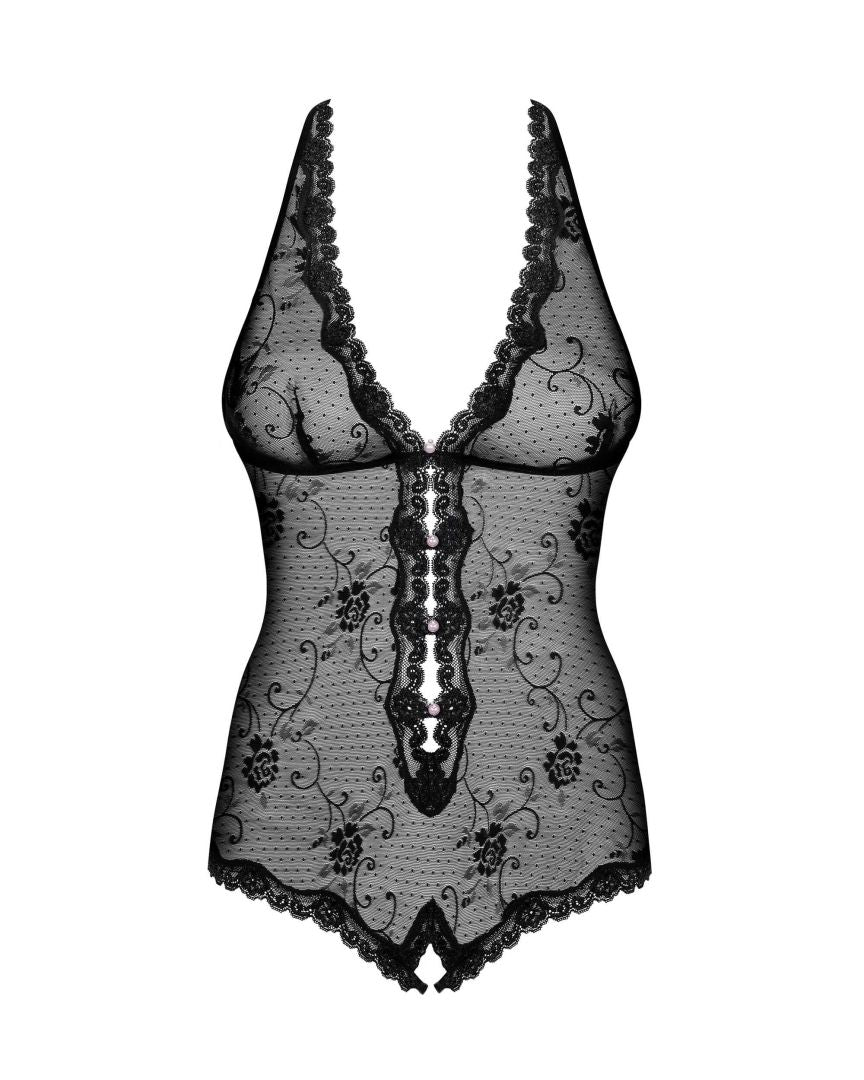 The Fiorenta black floral crotchless teddy, featuring a bow above the buttocks