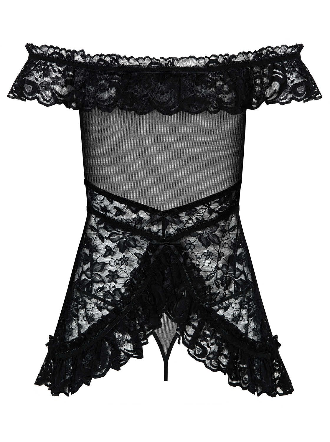 An additional view of the Flores black mesh and lace babydoll